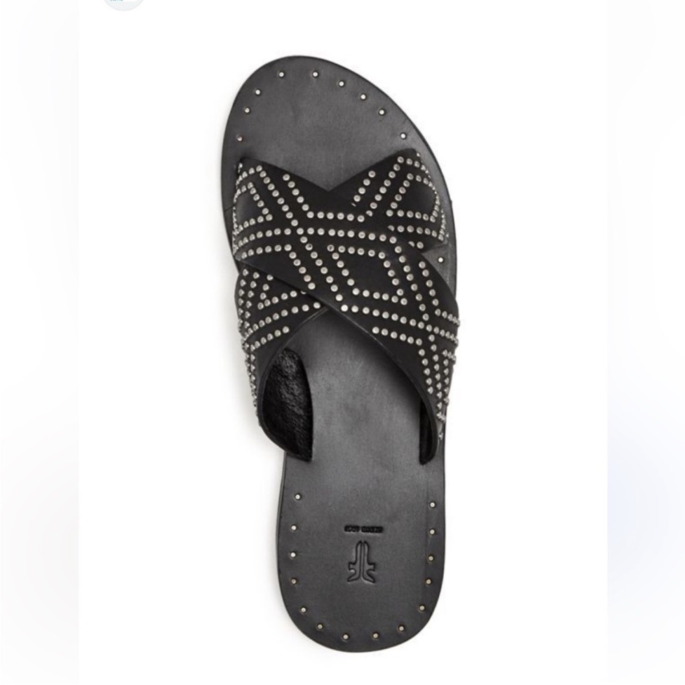 Frye Black Studded Crisscross Leather Slide Sandals